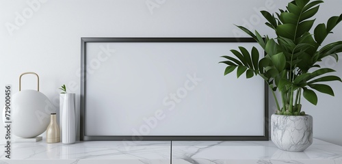 An empty frame mockup with a sleek, white marble border, adding elegance to a modern, minimalist interior.
