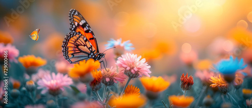 A butterfly in a meadow among blooming flowers. The concept of harmony of nature and attention to the environment. Nature background for a designer postcard, banner, flyer with a place to copy