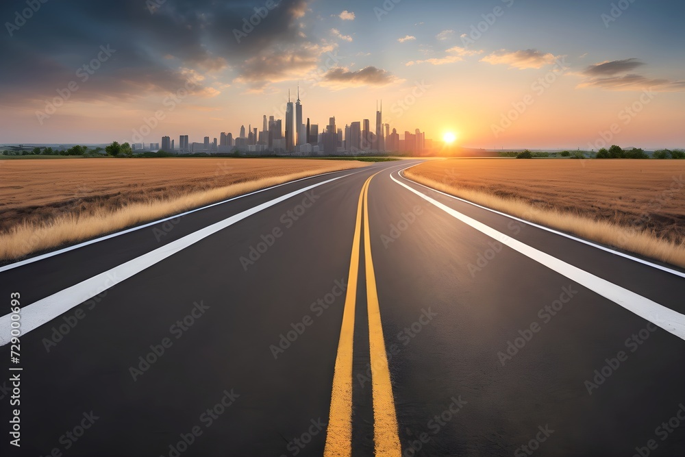highway road and city skyline with buildings at sunset sky highway road and city skyline with buildings at sunset sky