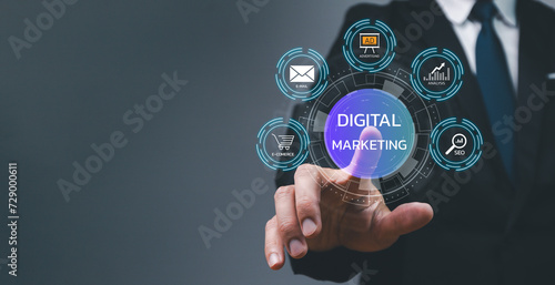 Digital marketing technology concept. Internet. Online. Search Engine Optimization. SEO. Advertising. Internet connection technology and digital marketing. Content marketing cycle concept.