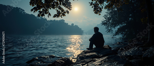 a man sitting on a rock by the water