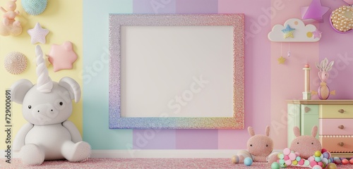 An empty frame mockup with a whimsical, rainbow glitter border, adding sparkle to a magical, fantasy-themed room. © Tahir