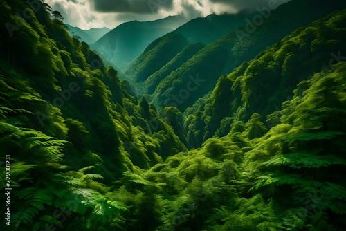 A verdant mountain range that seems to stretch into eternity, its slopes covered in dense forests and vibrant foliage