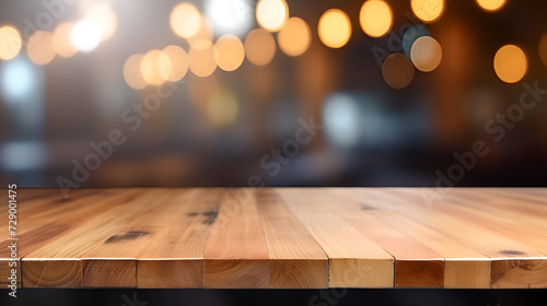 Empty wooden table in front of abstract blurred pink valentine light background for product display in a coffee shop, Empty wooden table top with blurred coffee shop, Generative AI 