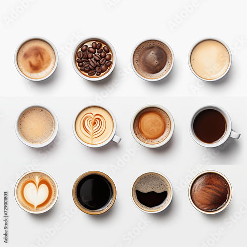 Brown coffee beans scattered around a white ceramic mug, evoking the aroma of a morning cafe latte
