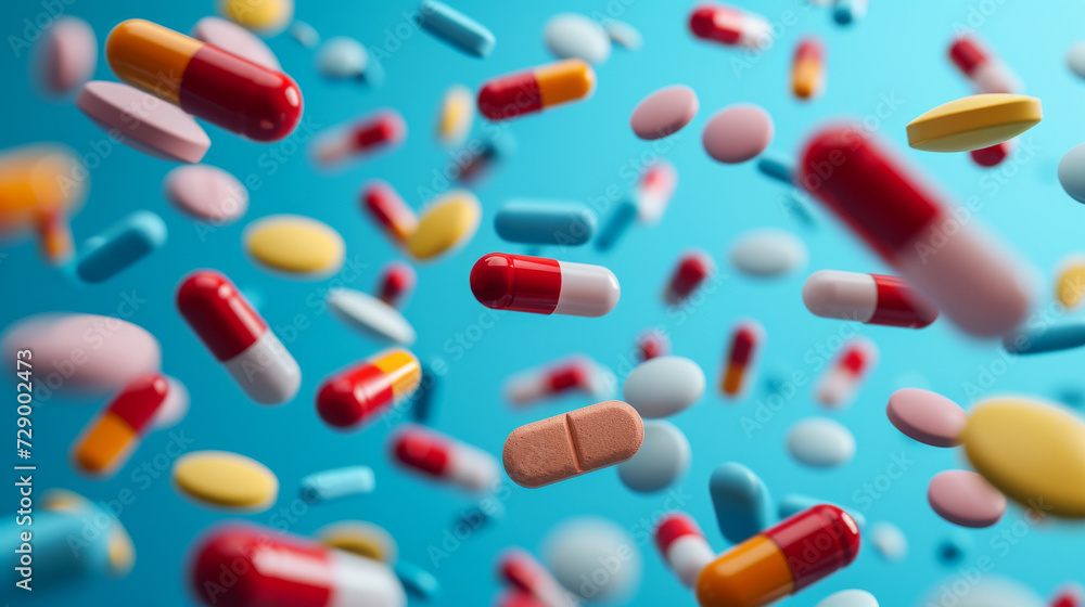 Assorted Medication Pills and Capsules Floating. Assorted Medication Pills and Capsules Floating.