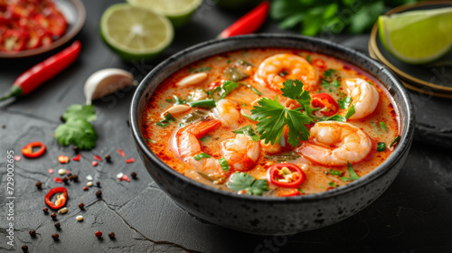 Spicy Tom Yum Soup with Shrimp and Herbs.