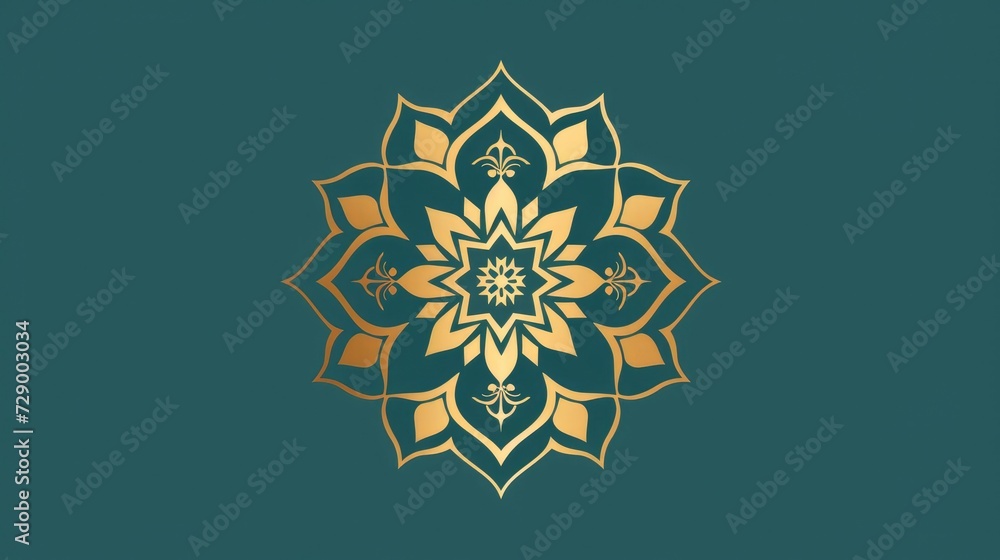 A Gold Gradient Dark Green and Flat Style with an Islamic Ornament on the Side, against a Pastel Blue Background. A Gold Gradient Dark Green and Flat Style with an Islamic Ornament on the Side, against a Pastel Blue Background.
