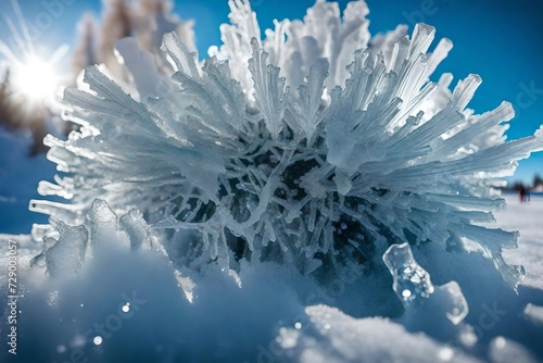 A close-up of a crystal-clear, intricately detailed ice formation, glistening with ethereal colors and textures under the lens of an HD camera
