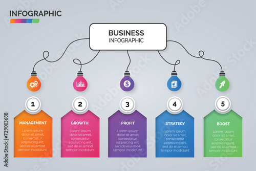 Light bulb infographic visualization template and business icons vector. Business concept with 5 options, steps, process for presentation, layout, diagram chart, anual report