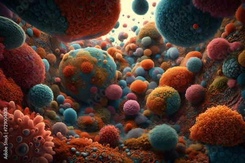 A surreal  3D representation of a microscopic world  filled with vibrant  fluffy cellular structures and intricate patterns. An HD camera reveals the beauty of the unseen