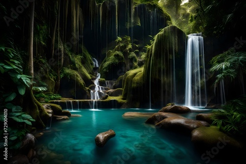A tranquil waterfall cascades from high cliffs into a crystal-clear pool in the heart of a lush, untouched jungle