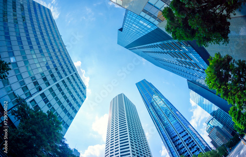 青空と高層ビル群を見上げる photo