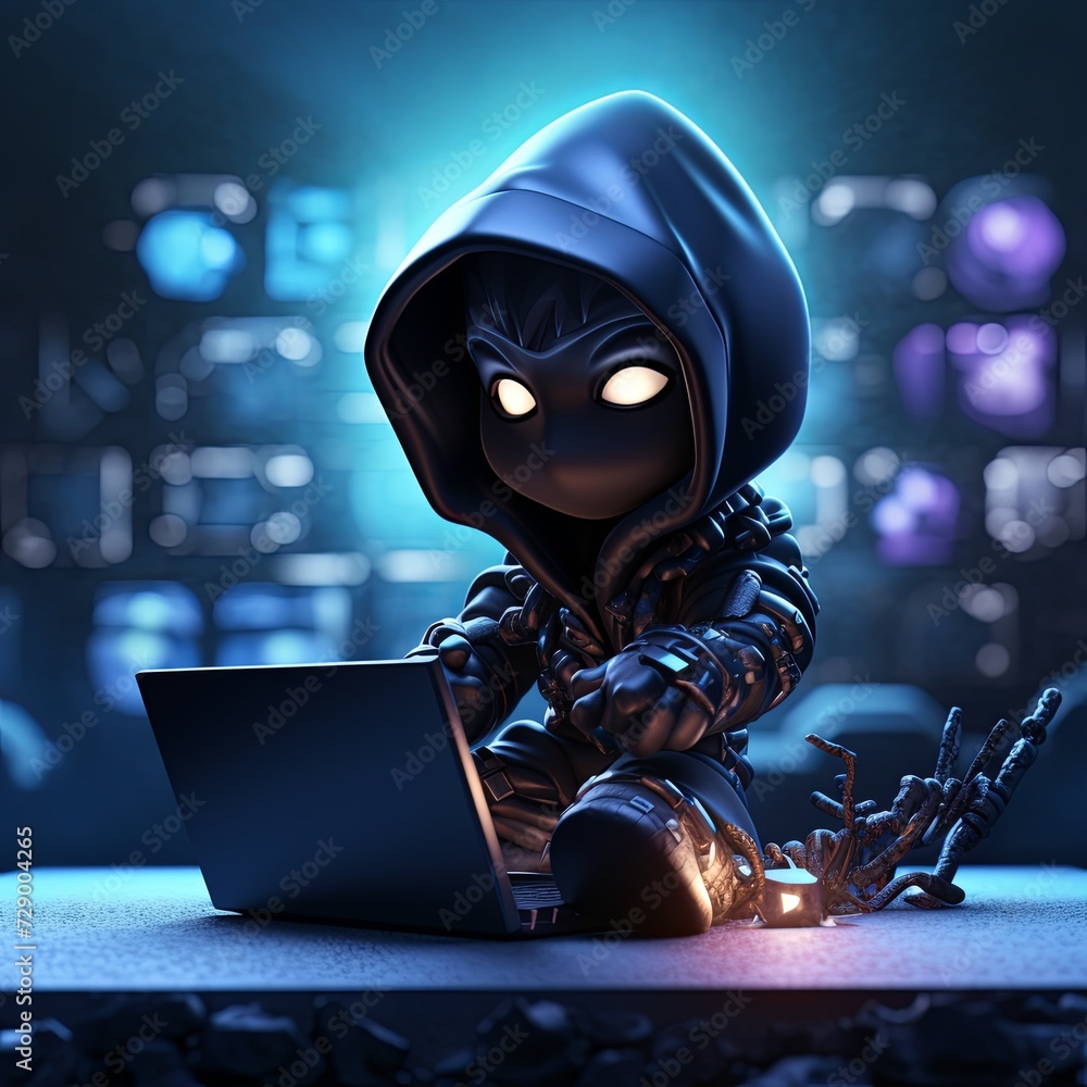 Enigmatic Cyber Realm, Witness a skillful 3D anime hacker, typing fervently on a laptop, delving into the mysterious realm of cyber intrusions. Generative AI. Enigmatic Cyber Realm, Witness a skillful 3D anime hacker, typing fervently on a laptop, delving into the mysterious realm of cyber intrusions. Generative AI.