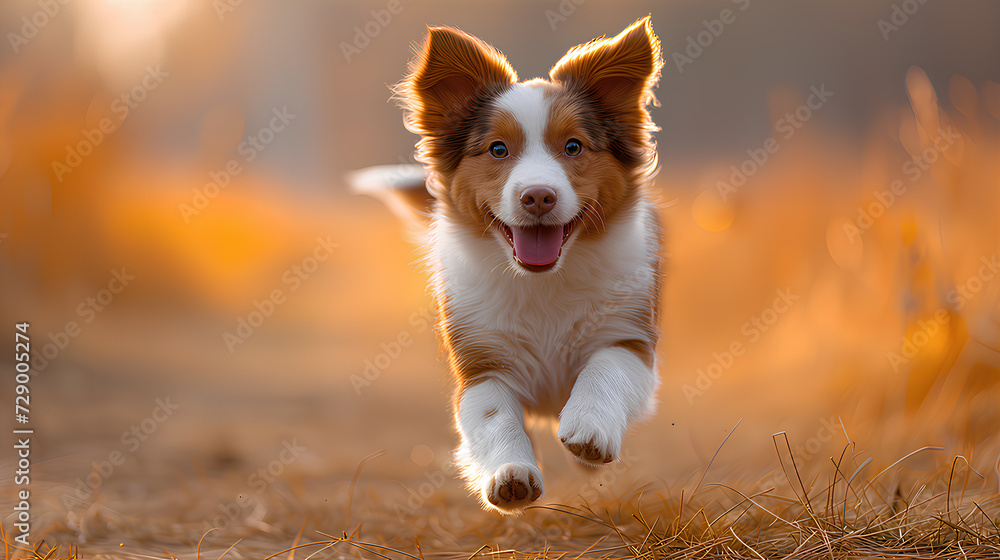A Border Collie is caught in mid-leap, exuding happiness as it runs through a field bathed in the golden glow of the setting sun.
