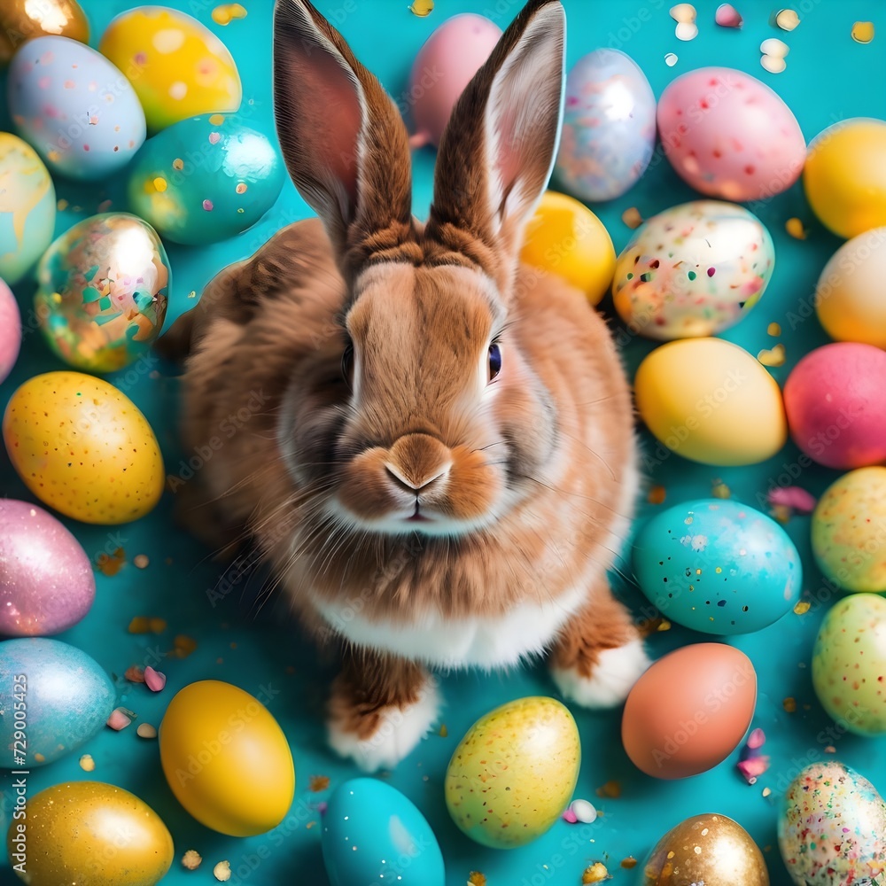 Easter sweets concept. Top view photo of easter bunny ears chocolate eggs with dragees and sprinkles on turquoise background with empty space Easter sweets concept. Top view photo of easter bunny ears chocolate eggs with dragees and sprinkles on turquoise background with empty space