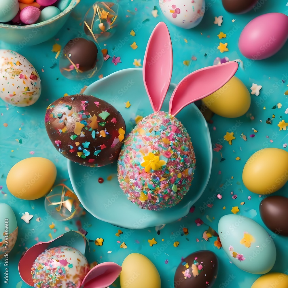 Easter sweets concept. Top view photo of easter bunny ears chocolate eggs with dragees and sprinkles on turquoise background with empty space