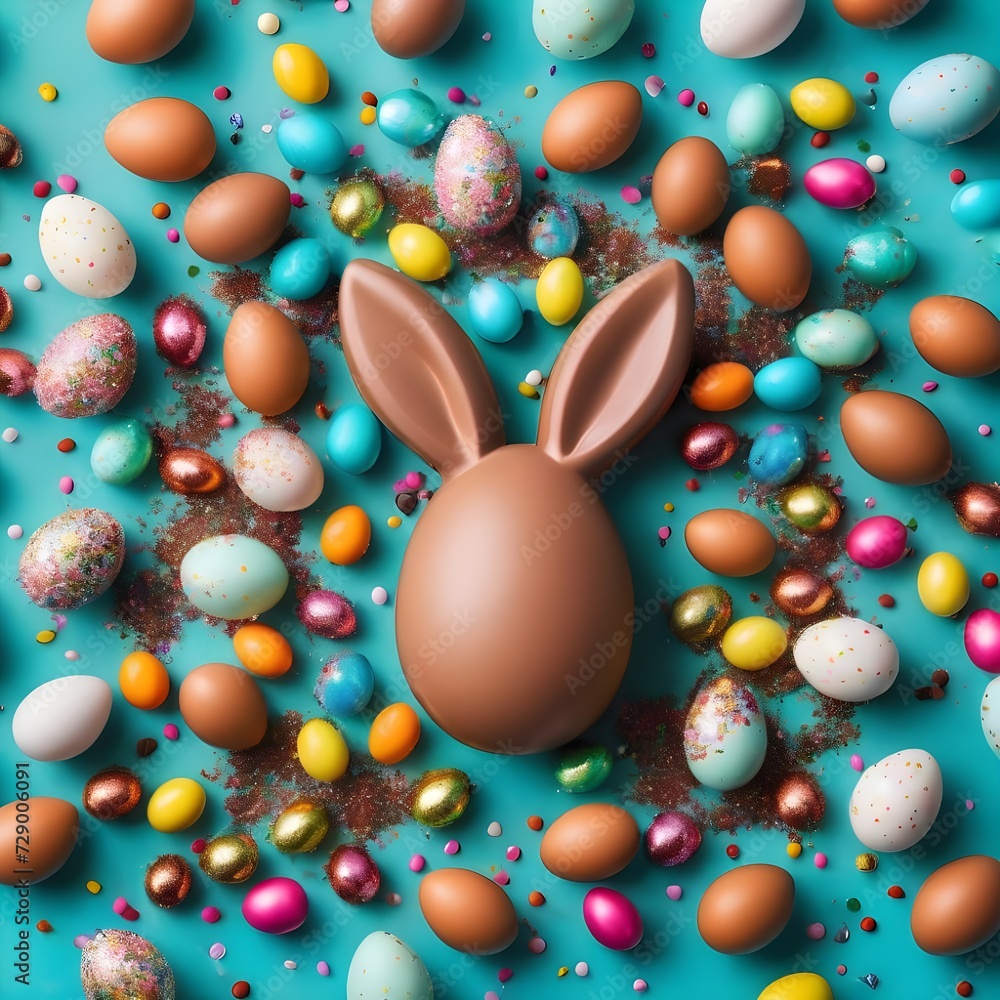 Easter sweets concept. Top view photo of easter bunny ears chocolate eggs with dragees and sprinkles on turquoise background with empty space Easter sweets concept. Top view photo of easter bunny ears chocolate eggs with dragees and sprinkles on turquoise background with empty space