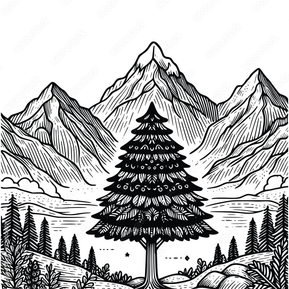 hand drawn mountain and tree coloring book illustration. black and white mountain outline illustration