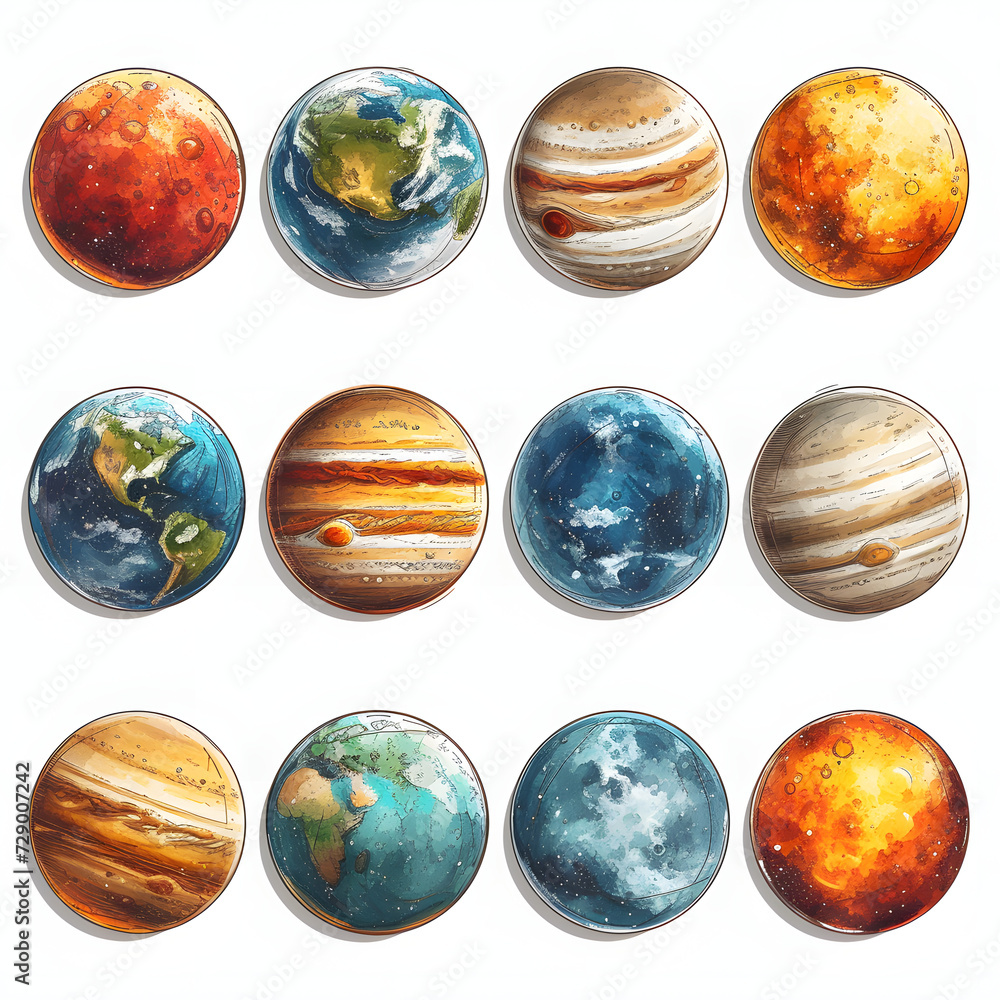 abstract stickers of solar system planets, set planets