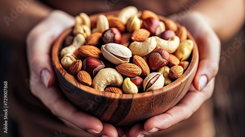 Woman hands holding a wooden bowl with mixed nuts. Healthy food and snack. Walnut, pistachios, almonds, hazelnuts and cashews. copy space. photo