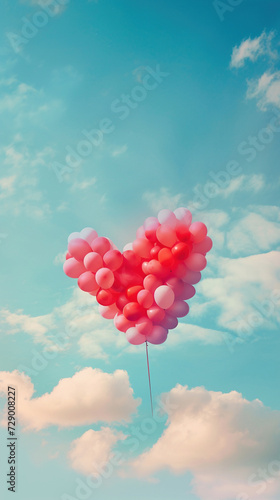 Red Balloons Floating Into the Sunny Sky with Clouds