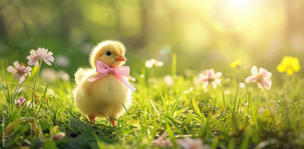 Yellow chick with a pink bow standing on grass among flowers. The concept of spring and new beginnings. Yellow chick with a pink bow standing on grass among flowers. The concept of spring and new beginnings.