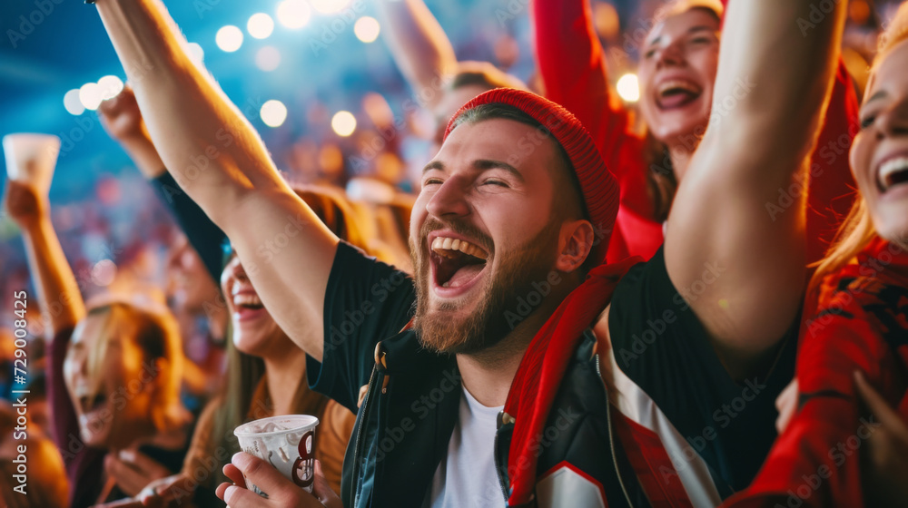 Male fan in the stands cheering along with the crowd Male fan in the stands cheering along with the crowd