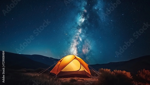 Tent under starry sky in the mountains. The concept of camping and adventure.