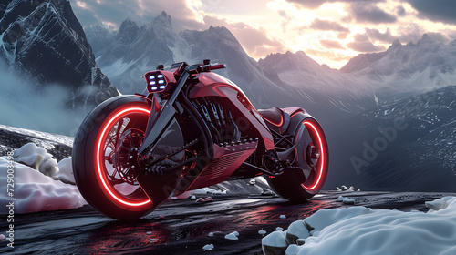 Futuristic Bigbike high technology in the future with modern design at the snow mountain, fulistic style photo