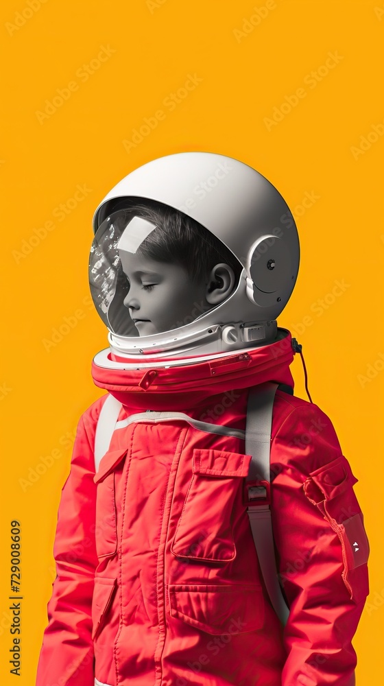 Young teenager in an astronaut suit against a yellow background. The concept of dreaming of space travel.