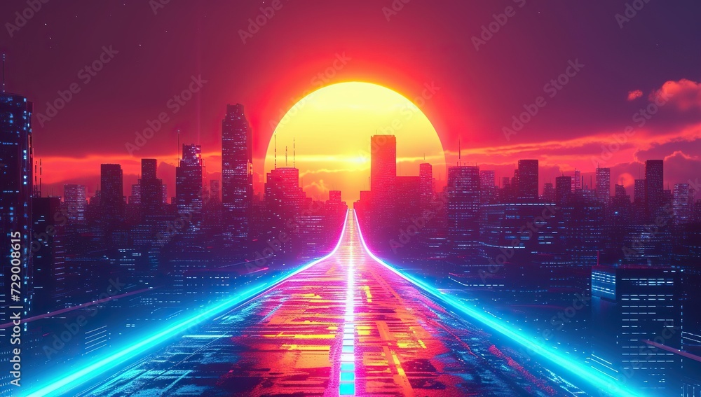 Urban landscape at sunset with a neon road leading to the sun. The concept of the synthesis of nature and technology.