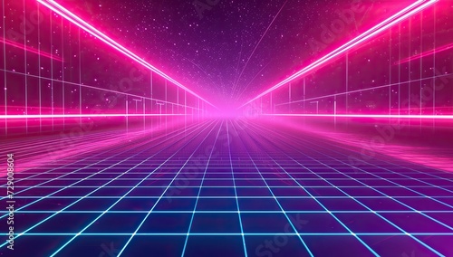 Blue and pink neon road leading to the horizon under a starry sky. Retro-futurism concept.