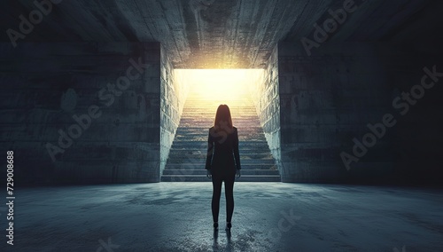 Woman looking towards light at the end of the tunnel. Hope and future concept.