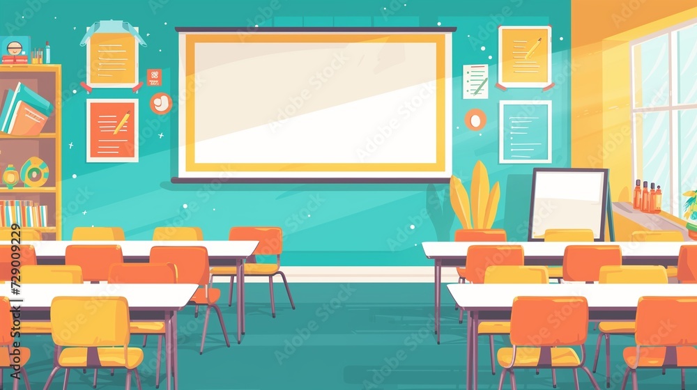 A modern classroom with a blank interactive whiteboard and colorful educational posters on the walls A modern classroom with a blank interactive whiteboard and colorful educational posters on the walls