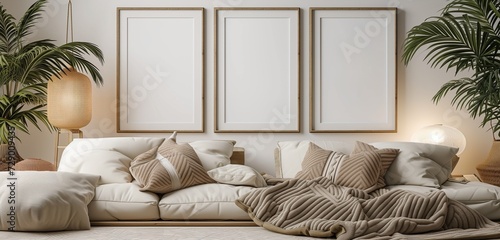 A series of empty frame mockups with a quilted, fabric border, arranged in a cozy, homey setting photo