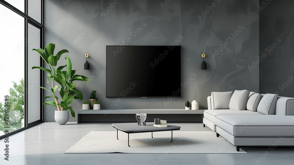 A sleek, wall-mounted blank television in a minimalist living room with a modern sofa and coffee table A sleek, wall-mounted blank television in a minimalist living room with a modern sofa and coffee table