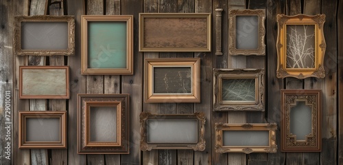A set of vintage empty frame mockups, each with unique textures and finishes, on a rustic wall.