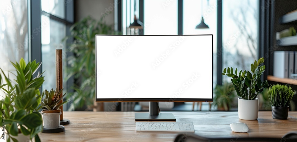 A widescreen blank monitor screen with an ultra-wide aspect ratio, set in a luxurious, modern office. A widescreen blank monitor screen with an ultra-wide aspect ratio, set in a luxurious, modern office.