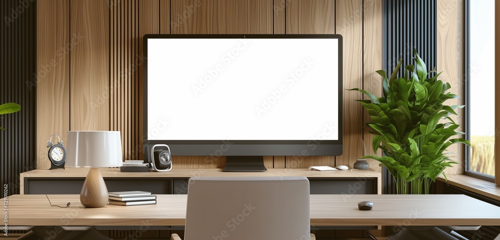 A widescreen blank monitor screen with an ultra-wide aspect ratio, set in a luxurious, modern office. A widescreen blank monitor screen with an ultra-wide aspect ratio, set in a luxurious, modern office.