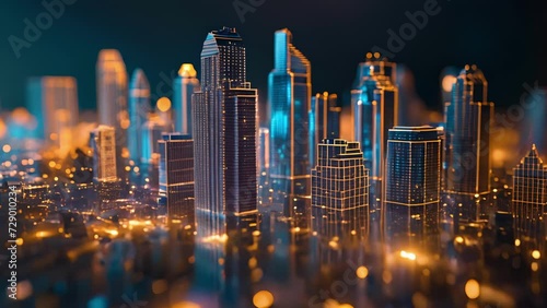 A hologram of a city skyline brings to life an investors diversified portfolio with buildings representing different stocks and ets. photo