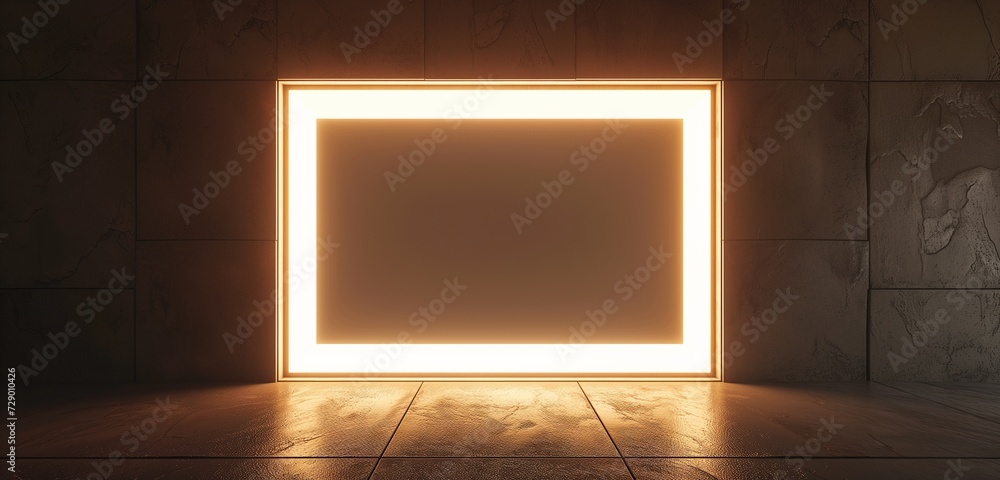 An empty frame mockup with a luminous backlit panel, creating a soft glow on a dark background. An empty frame mockup with a luminous backlit panel, creating a soft glow on a dark background.