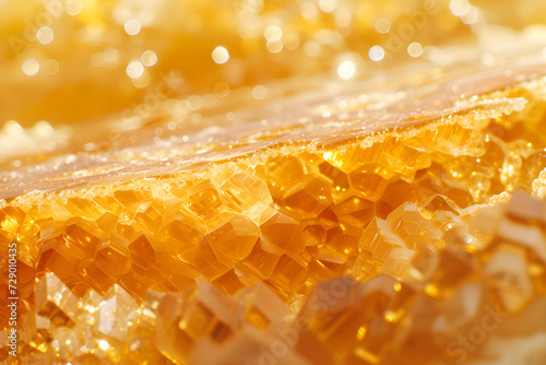 Close up of a golden honeycomb showcasing its intricate hexagonal cells, captured in stunning detail