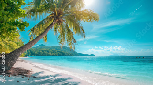 A tropical beach with palm trees, an uninhabited white sand beach and a calm sea under a sunny sky, summer relaxation and privacy. The concept of travel services. Summer background and copy space © Flow_control