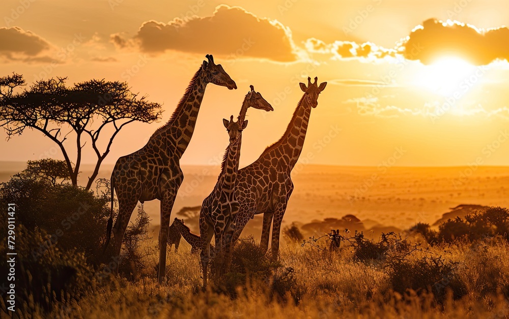 Family of Giraffes at Sunset
