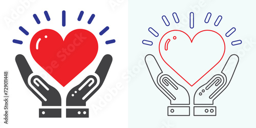 Heart in hand icons set. Hands-holding heart icon. Love icon. Health, medicine symbol. Voluntary signs. St. Valentine's Day concept. Vector isolated on the white background