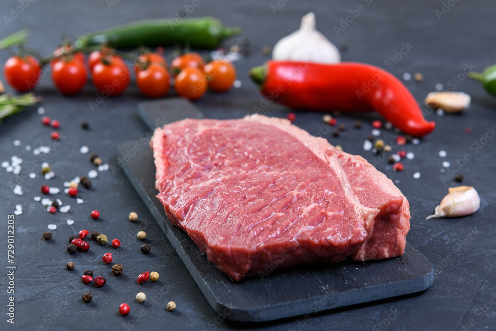 Raw fresh marbled meat and seasonings on dark background Raw fresh marbled meat and seasonings on dark background