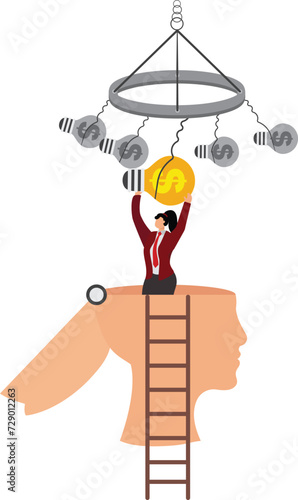 Finance Ideas Concept, bizarre businesswoman with open head catching the idea light bulb with dollar sign