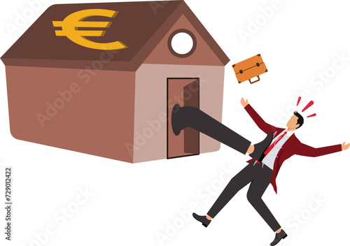 Big leg kicking businessman out of a building bank, house with euro coin currency sign