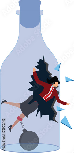 Businesswoman trying to escape from a confined space glass bottle with cork airtight container and label